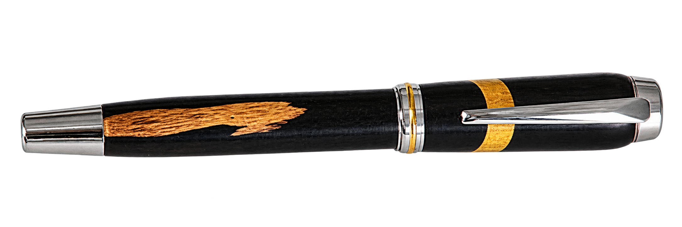 A capped fountain pen in dark wood with a gold band and a pale burl inlay, lying at an angle.