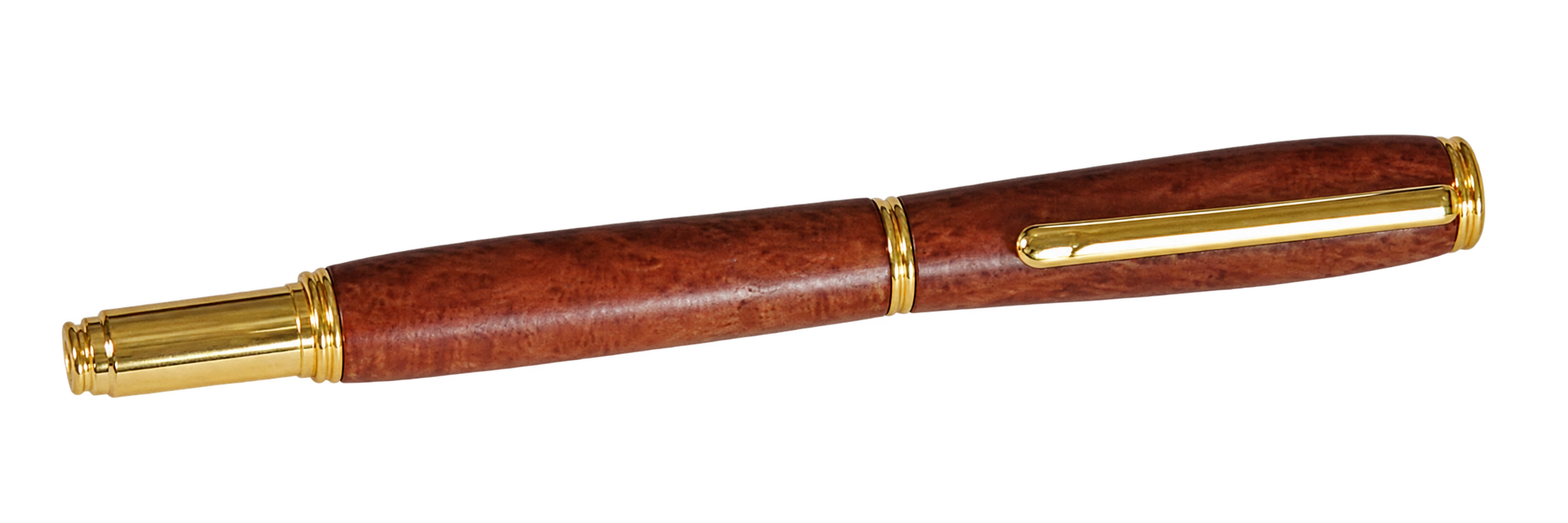 The Artisan pen in redwood burl, a mottled red-brown wood, finished in 22K gold.