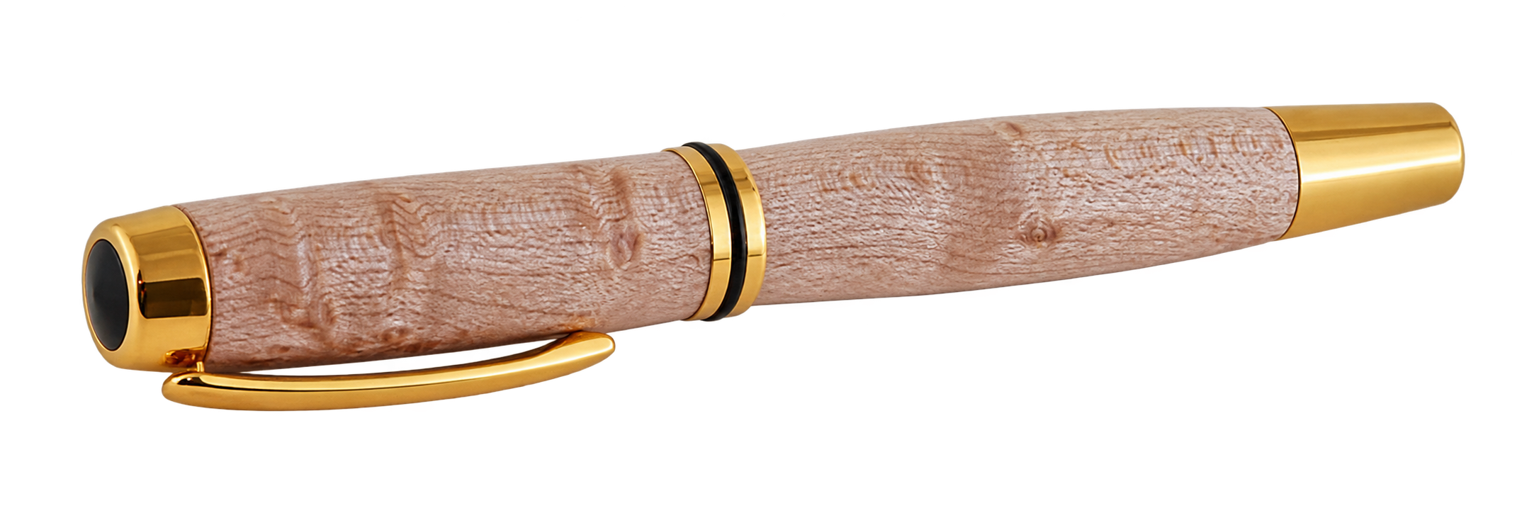 The Gentleman's pen in birdseye maple, a pale golden wood flecked with small dark eyes, finished in 22K gold.