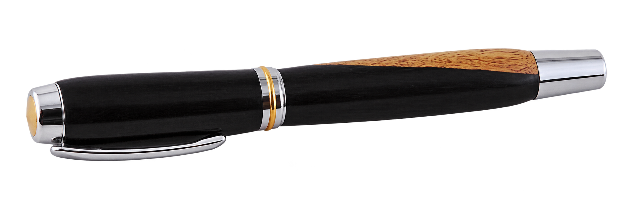 The Gentleman's pen in African blackwood with a pale burl section, finished in rhodium-platinum with a gold band.